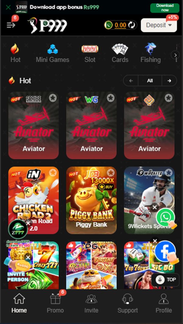 P999 app game lobby showing Chicken Road, Piggy Bank, 9Wickets Sports and other titles