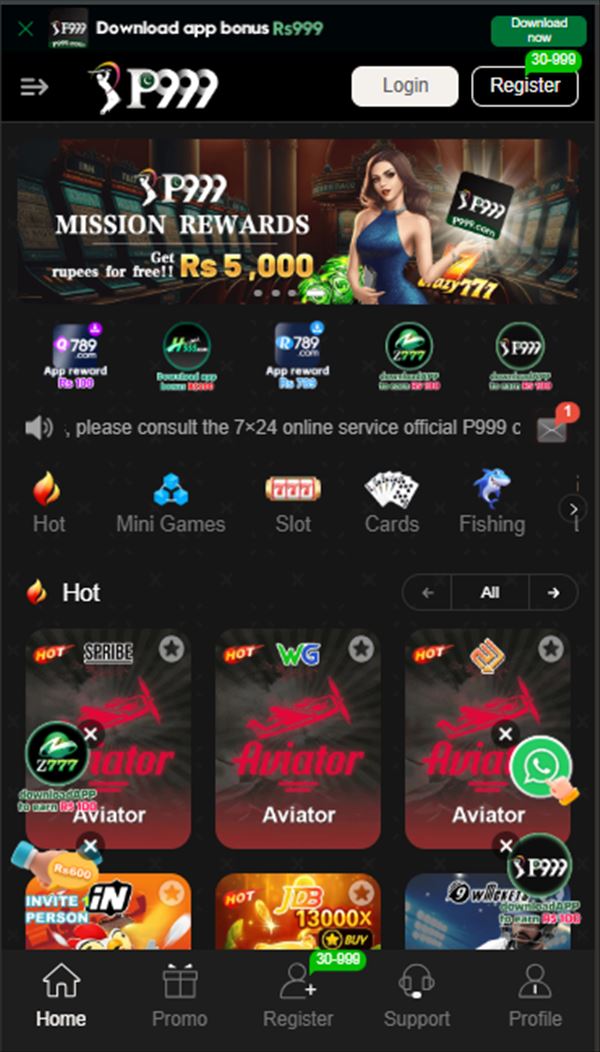 P999 home screen Hot section showing three Aviator tiles and quick category icons