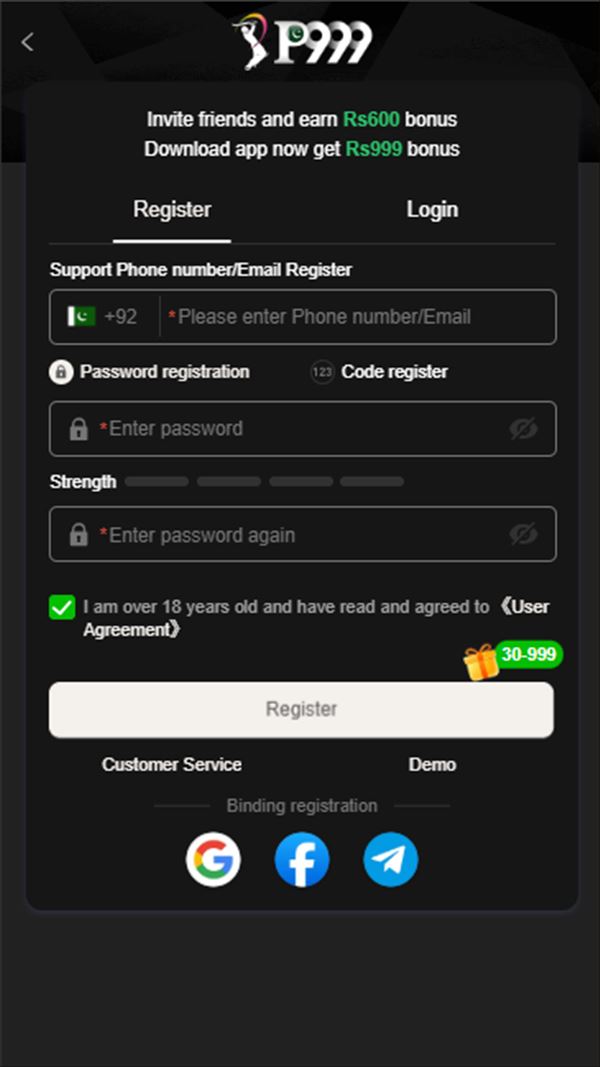 P999 register and login screen with phone number field and password strength meter